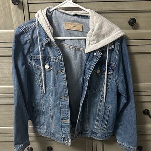 Blank NYC Light Blue Denim Jacket with Light Gray Hood